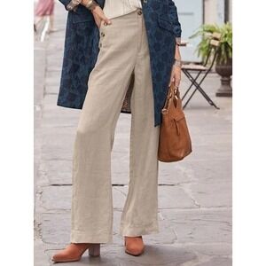 Sundance Linen Sailor Wide Leg Pants Beige Tan High Rise Button Detail XL NEW